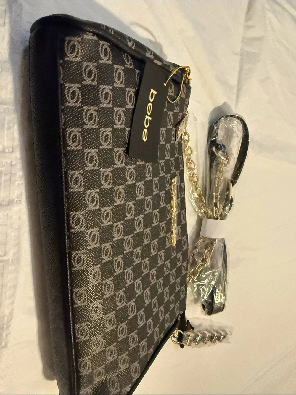 bebe Black and Gray Logo Wristlet with Gold Chain
